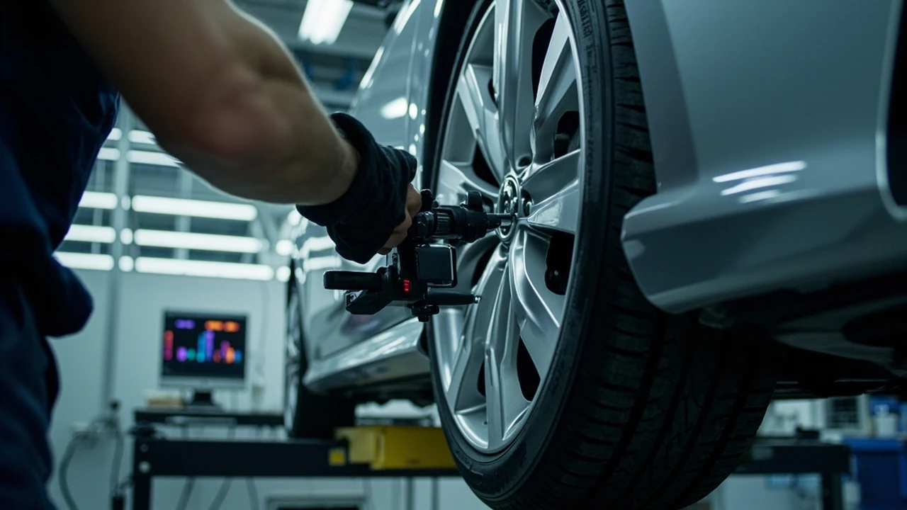 Mechanic performing a Firestone alignment on a car wheel