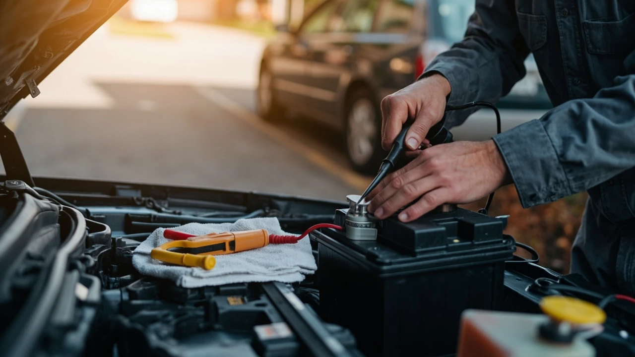 Mechanic inspecting a car battery for bad battery symptoms under the hood