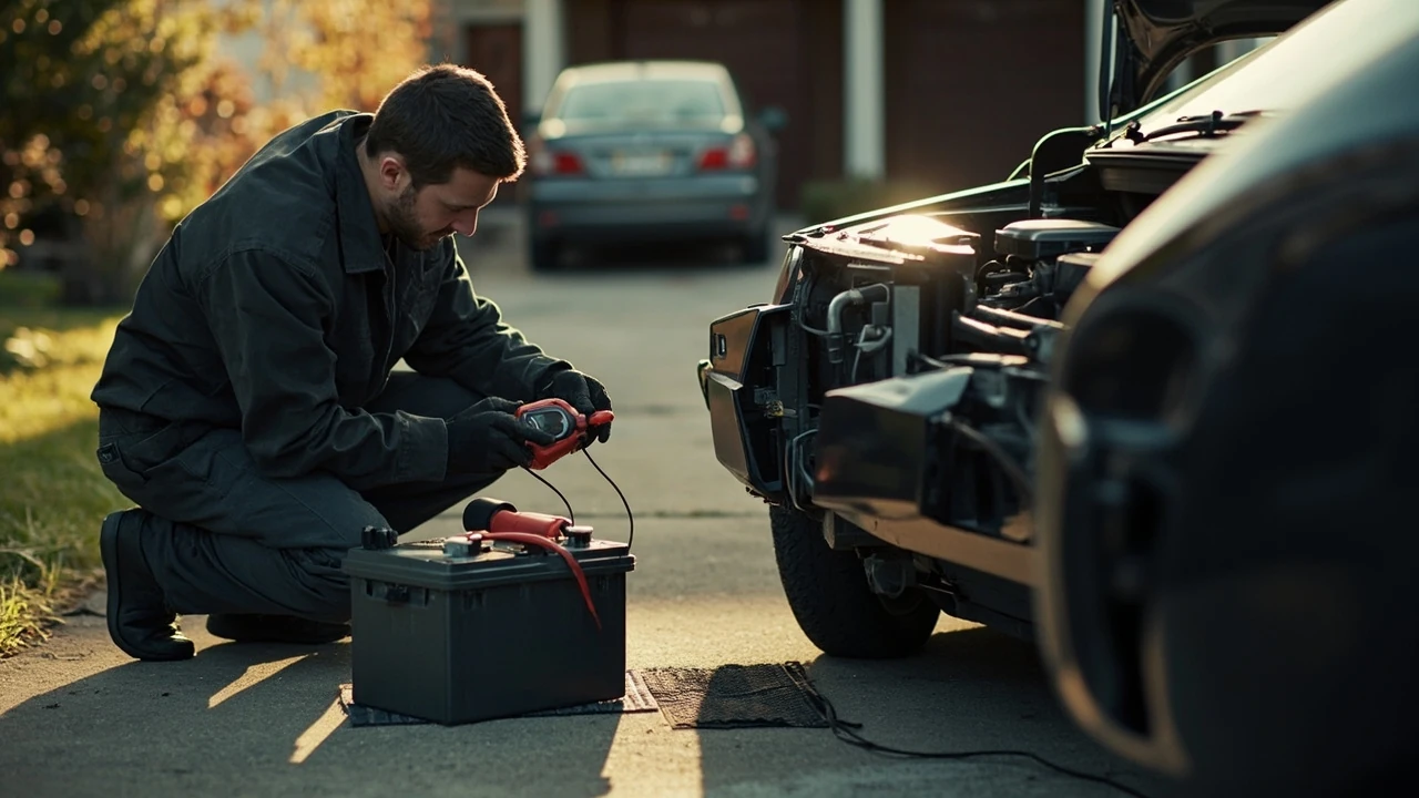 Mechanic performing a car battery service under the hood