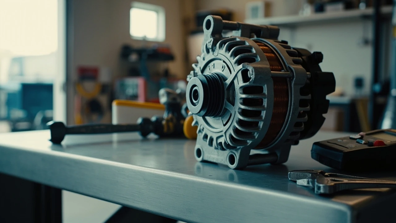 A mechanic inspecting a car alternator to explain what it does