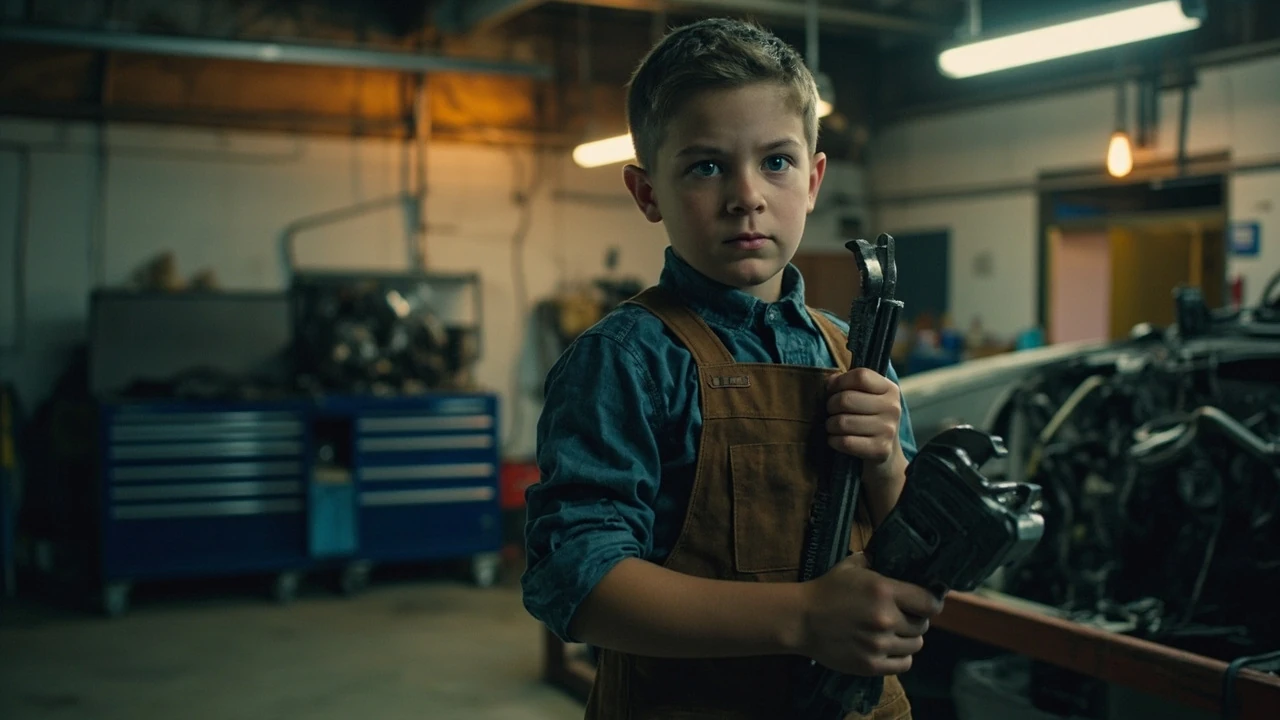 An aspiring mechanic reviewing tools and a vehicle engine while learning how to become a mechanic.