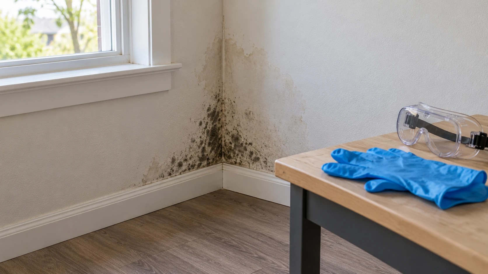 Illustrative damp wall corner with visible dark growth, with protective gloves and goggles on a nearby table