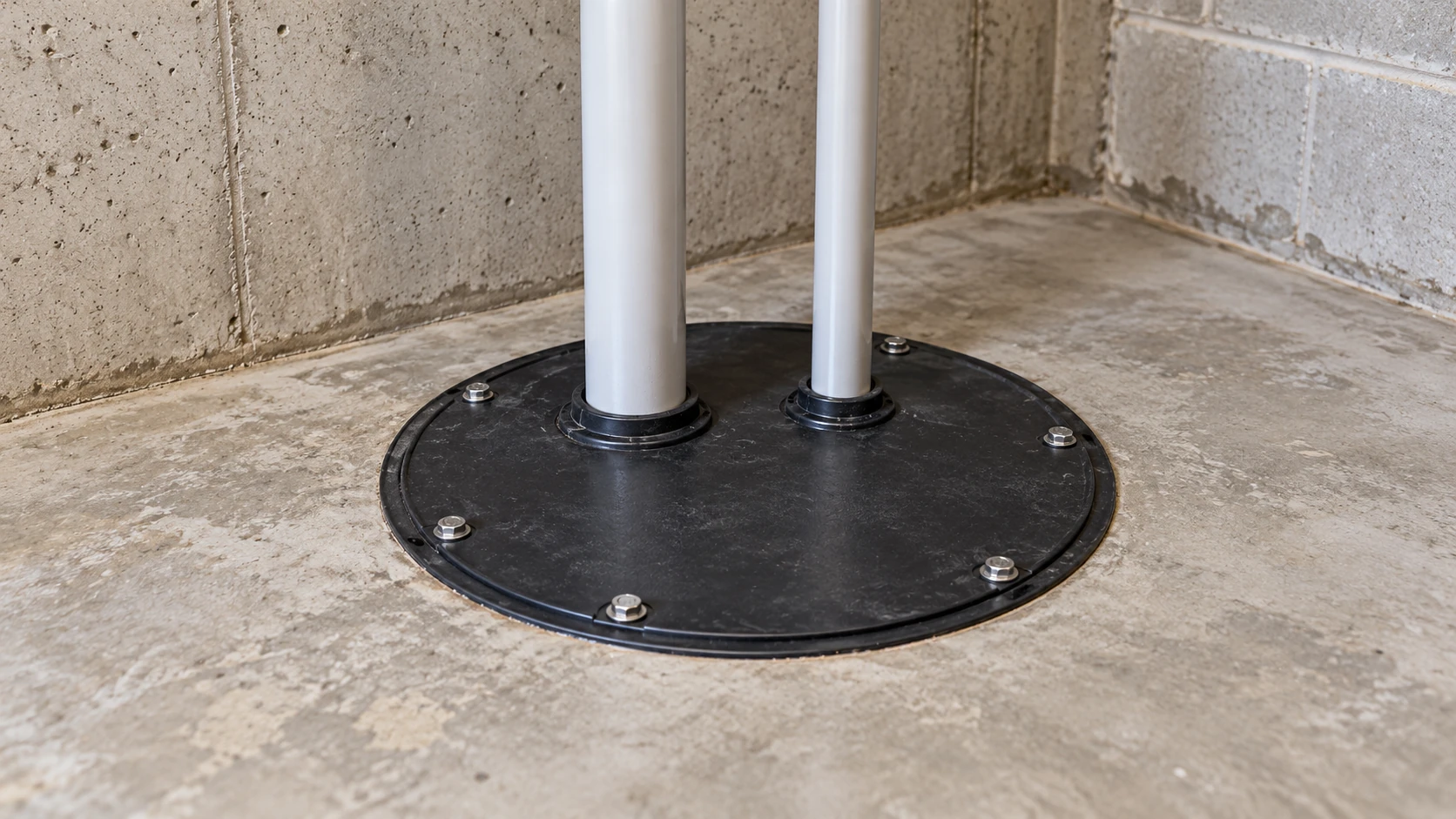 Illustration of a closed bolted wastewater-basin cover in a dry basement, with two pipes through sealed fittings