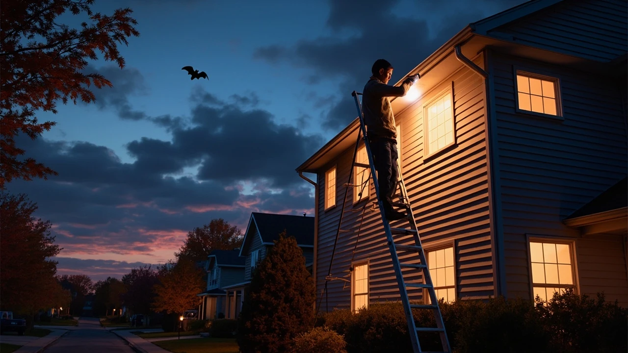 Homeowner inspecting roofline for bat removal entry points