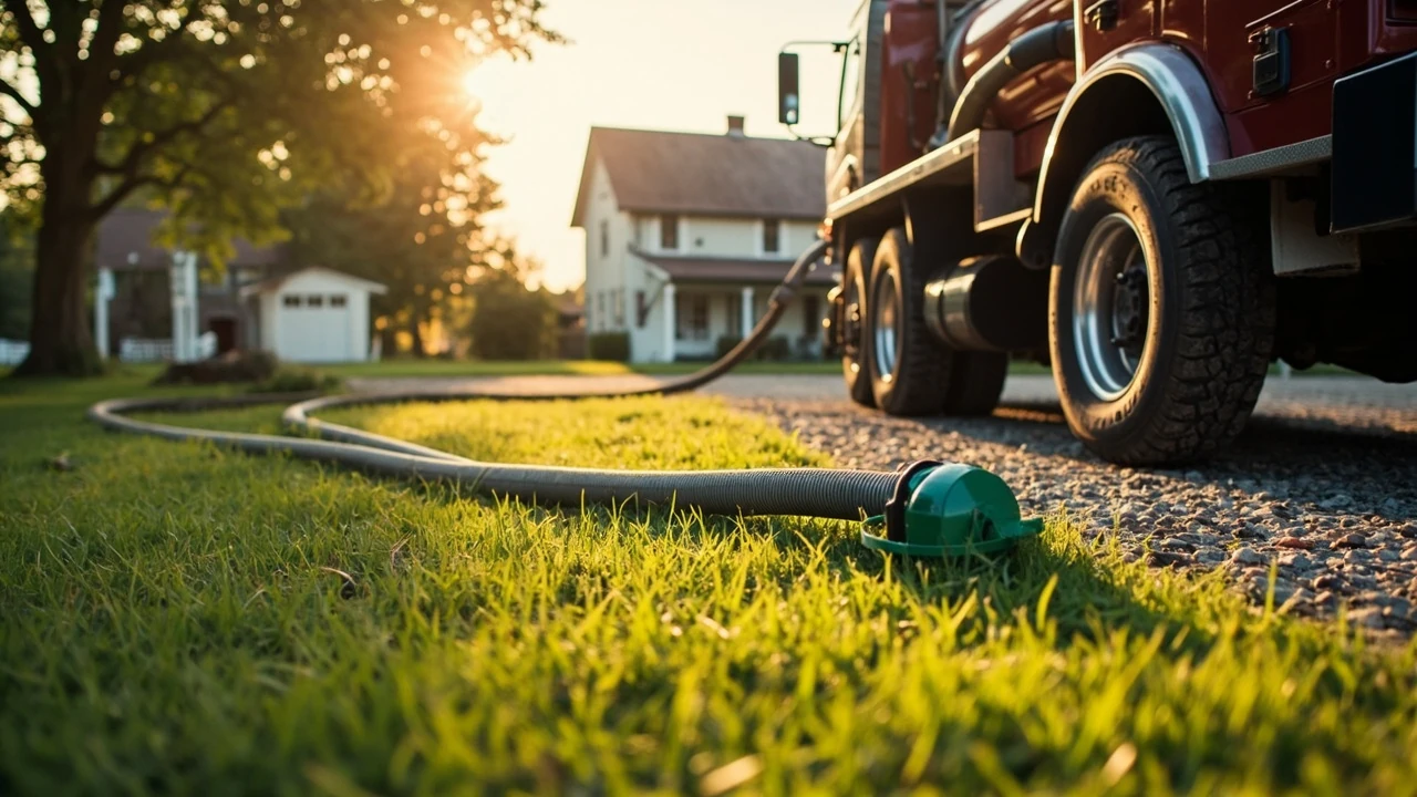 Service truck performing a septic tank pump out at a rural home