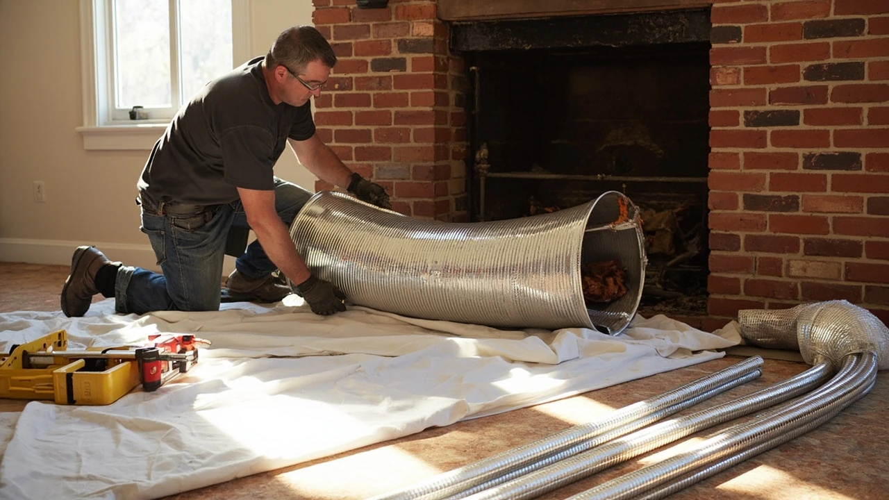 Chimney liner installation in progress on a residential fireplace