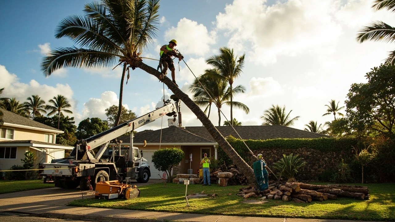 Crane-assisted large tree removal in Honolulu with crew in safety gear