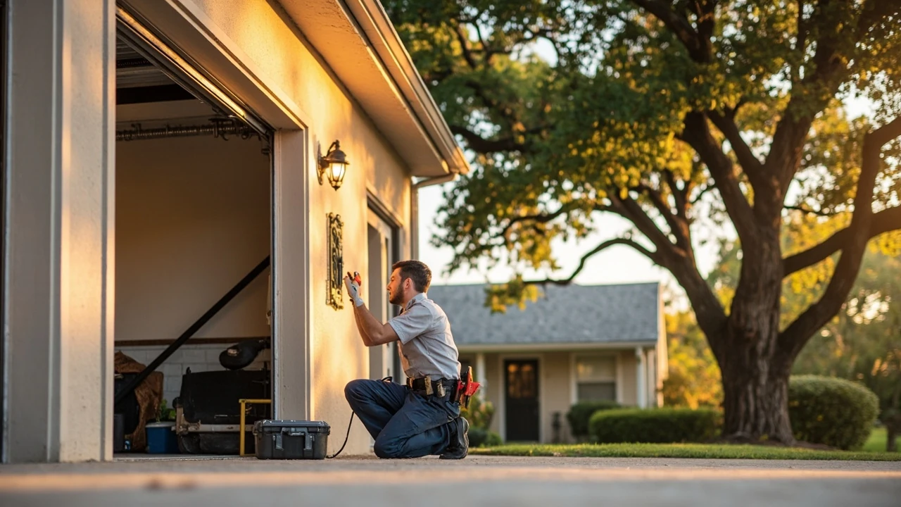 Houston technician inspecting a residential garage door for repair