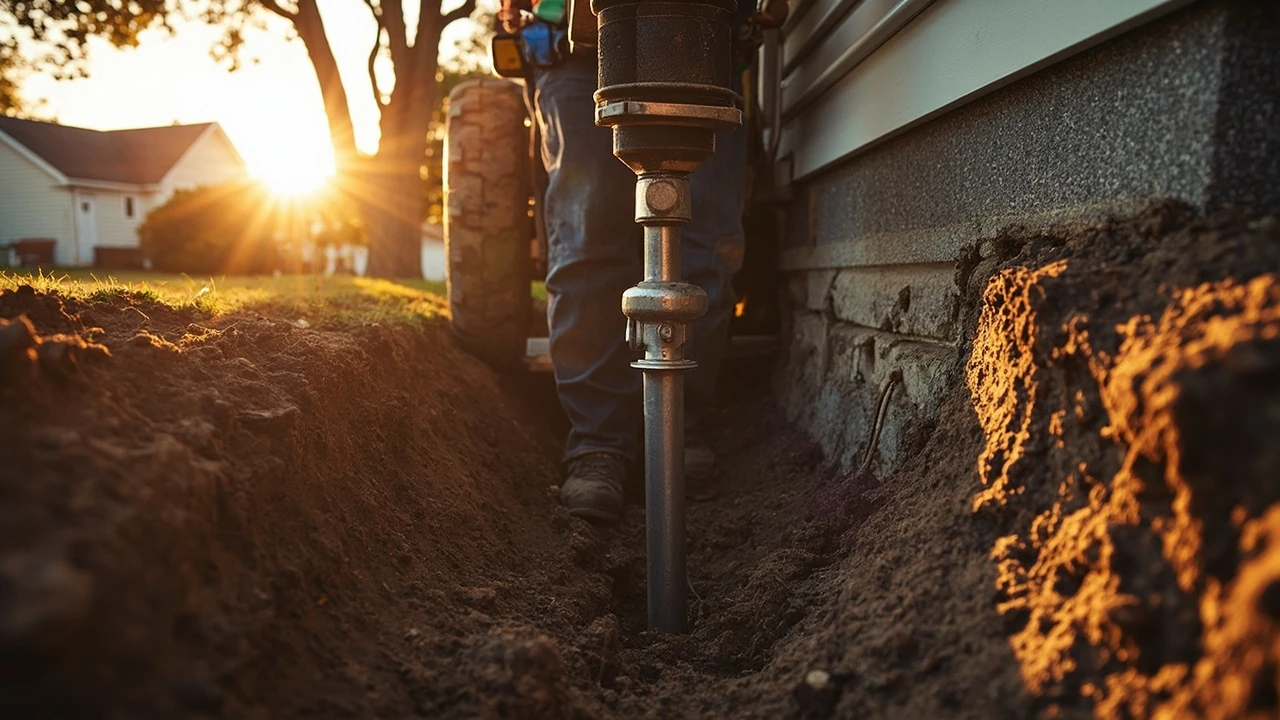 Foundation settlement repair work at the base of a house with steel piers being installed