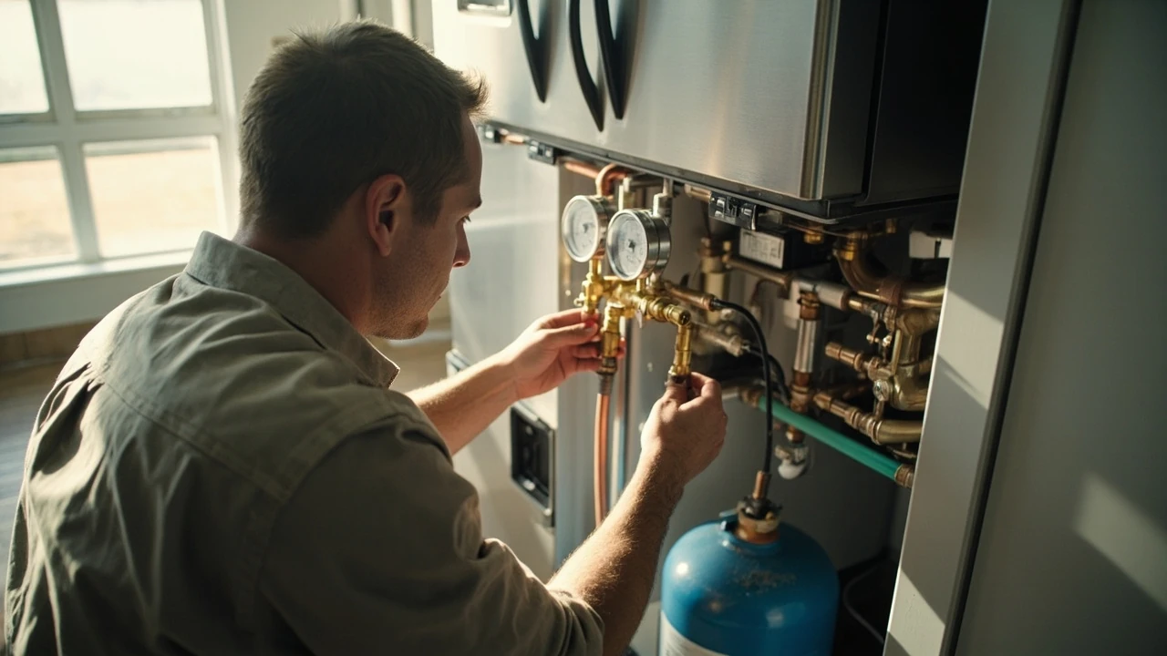 Technician checking freon kulkas pressure on a refrigerator condenser