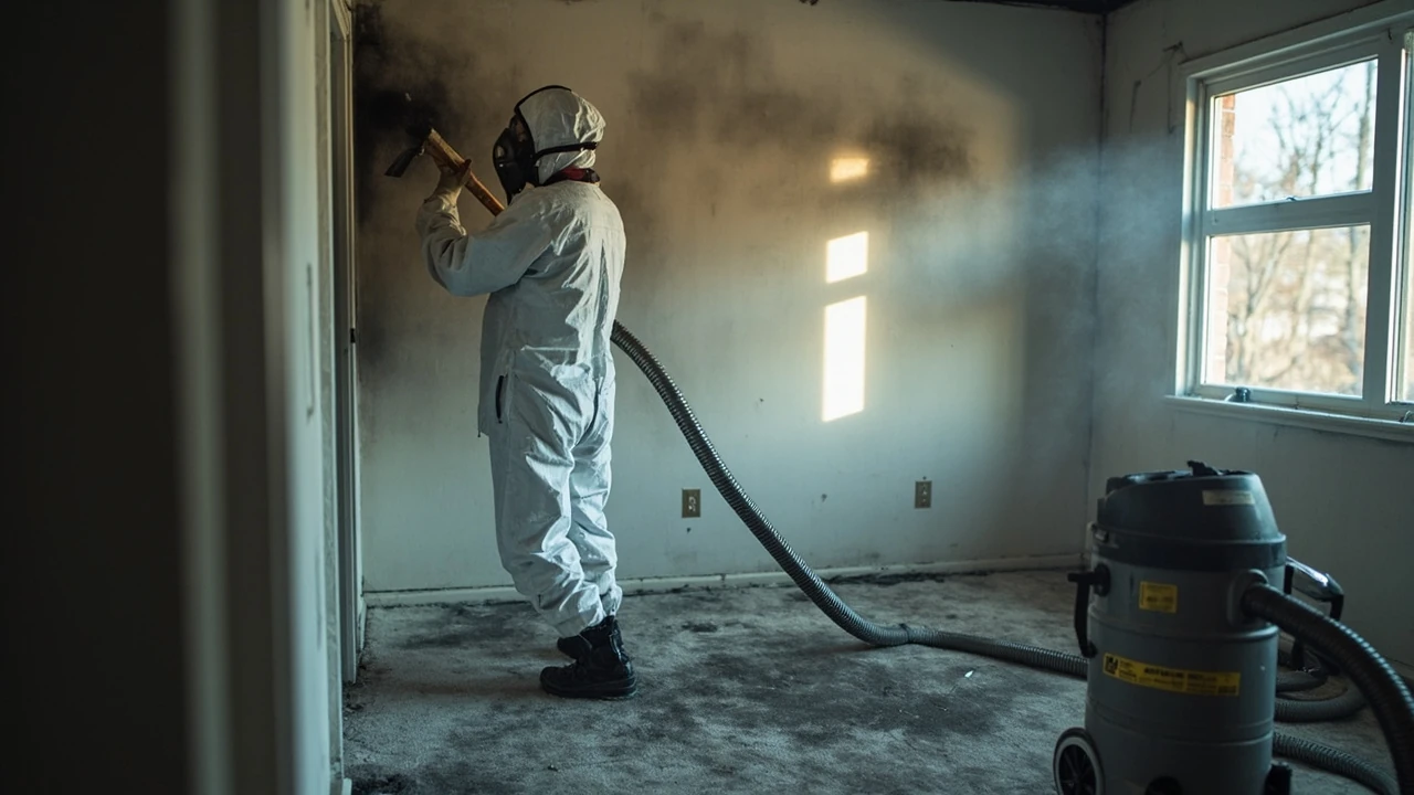 Technician performing smoke remediation in a residential room with protective equipment