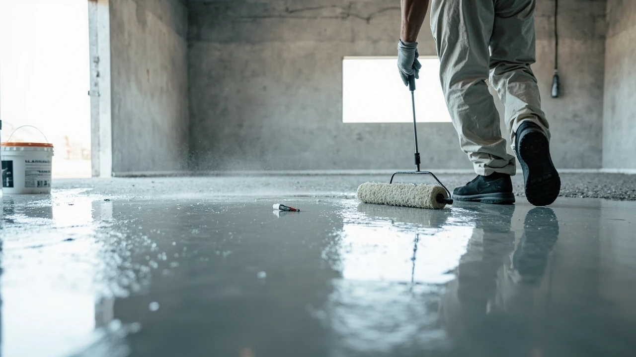 Glossy epoxy lantai coating being applied to a concrete floor