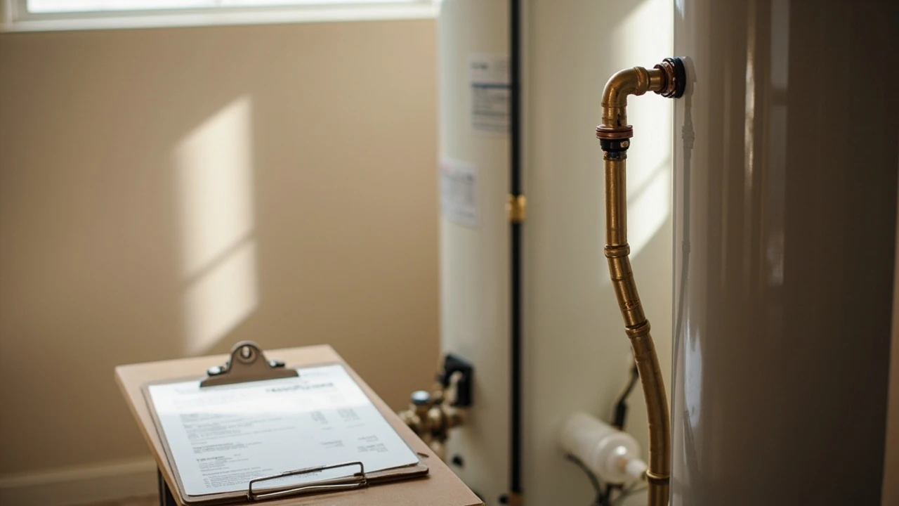 Residential water softener installed in a utility room beside a water heater