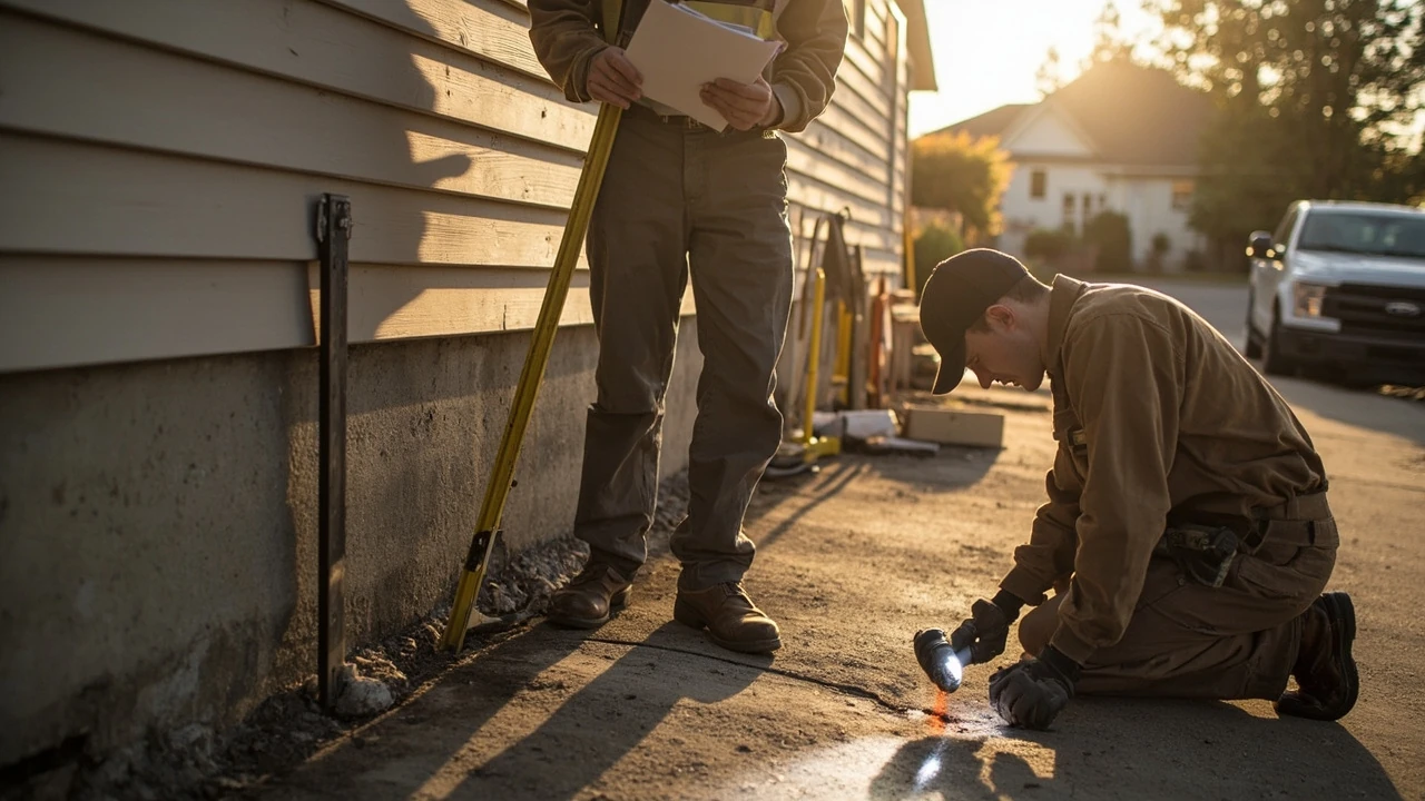A foundation repair company crew inspecting a residential foundation