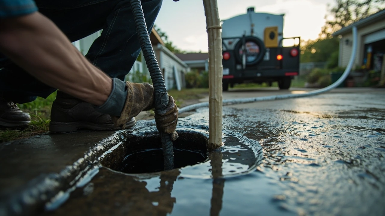 Hydrojetting equipment clearing a clogged residential sewer line