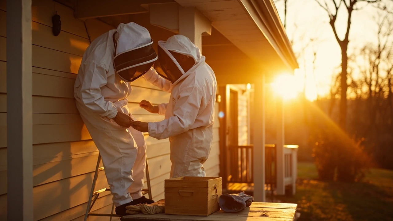 Homeowner planning how to get rid of a bee hive near a house wall