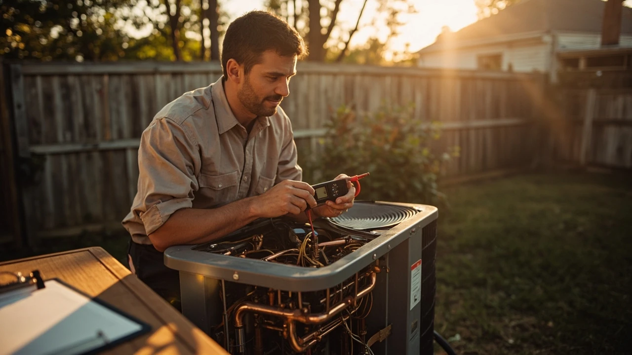 Homeowner inspecting a central air conditioner repair on an outdoor condenser unit