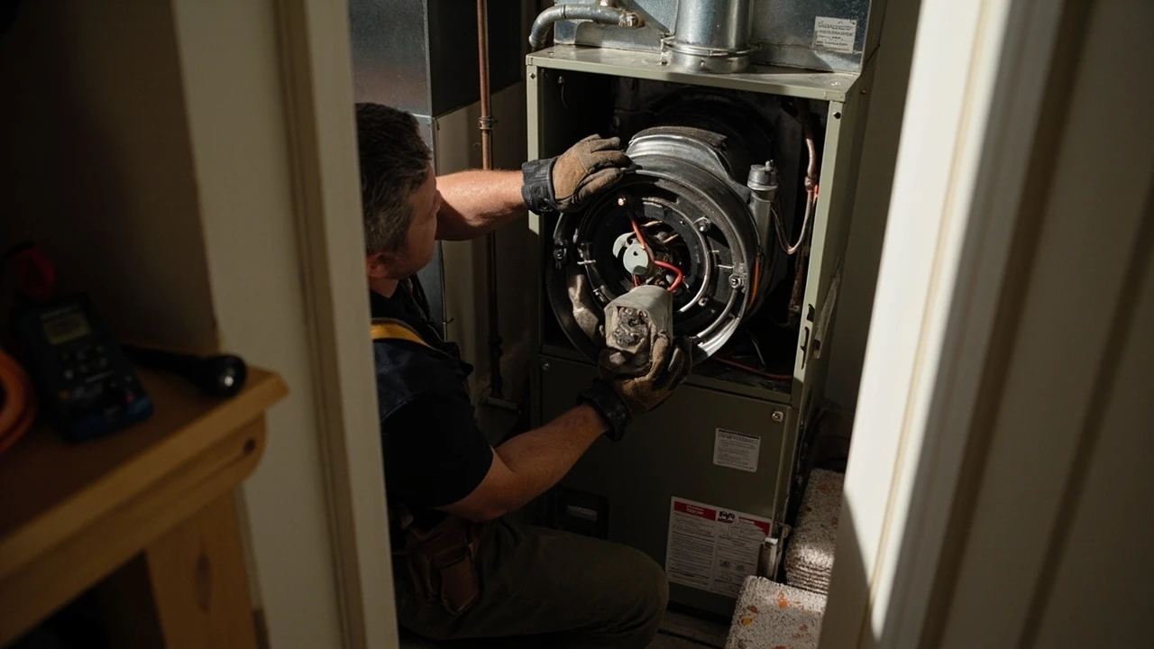 HVAC technician inspecting a furnace blower motor during a replacement job